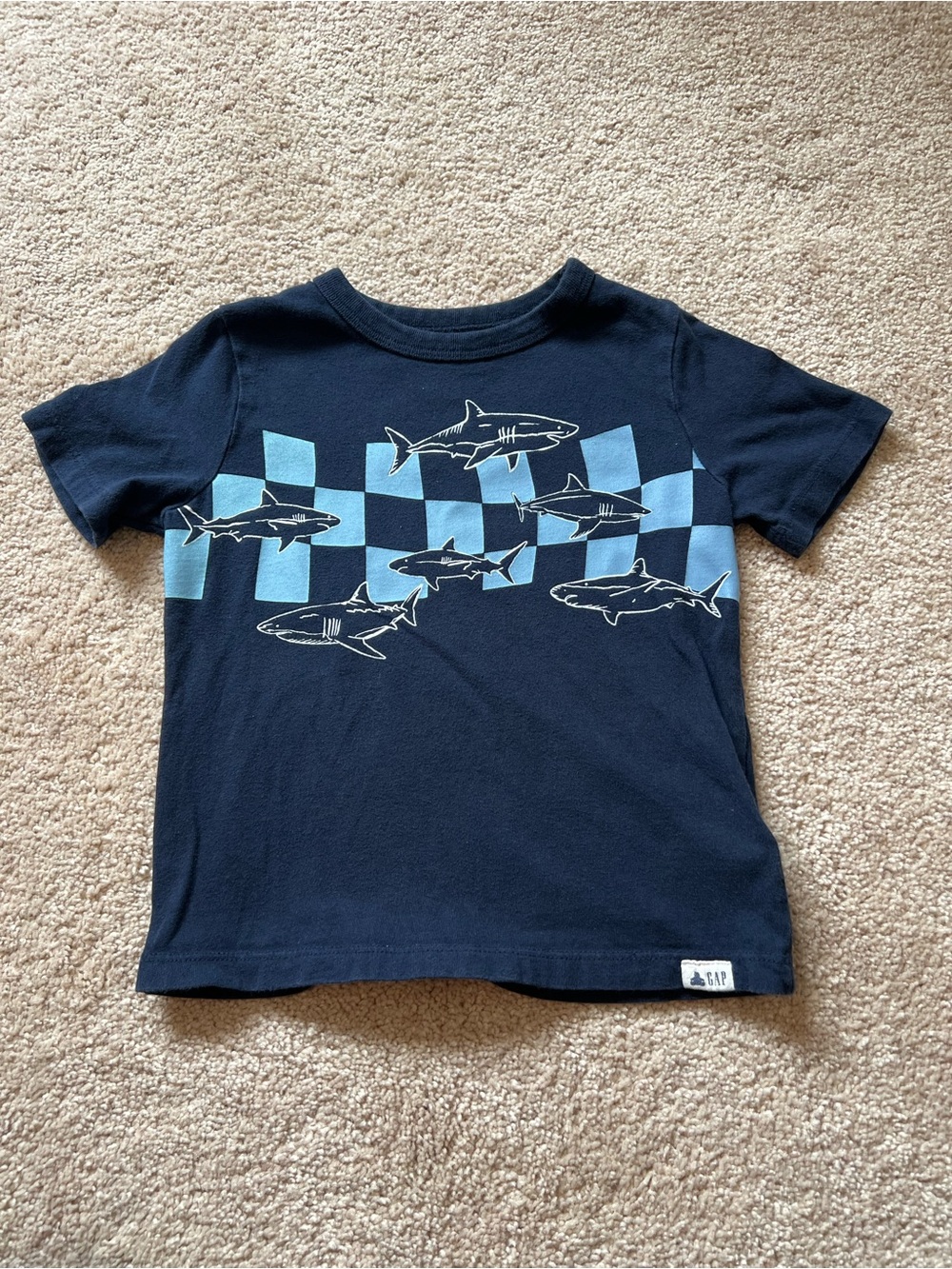 GAP Navy Tee with Light Blue Shark & Checker Graphic
